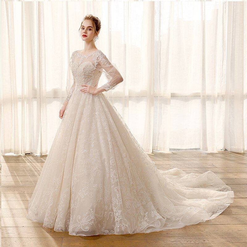 Long Sleeve with Button Crystal Bridal Wedding Gowns with Court Train - SolaceConnect.com