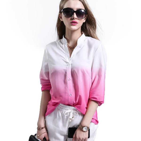Long Sleeved V Neck Casual Fashion Women’s Gradient Color Blouse Tops - SolaceConnect.com