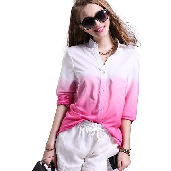 Long Sleeved V Neck Casual Fashion Women’s Gradient Color Blouse Tops  -  GeraldBlack.com
