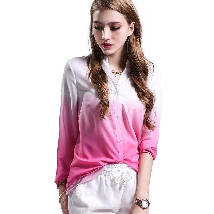 Long Sleeved V Neck Casual Fashion Women’s Gradient Color Blouse Tops  -  GeraldBlack.com