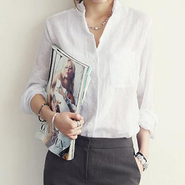 Long-Sleeved White Linen Korean Casual Female Blouse Tops for Autumn - SolaceConnect.com