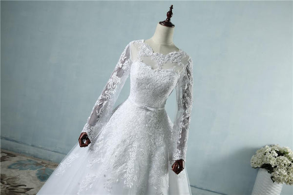 Long Sleeves Plus Size White Bridal Wedding Dress with Lace Up Corset - SolaceConnect.com