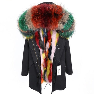 Long Winter Jacket for Women with Multicolor Natural Raccoon Fur Hood  -  GeraldBlack.com