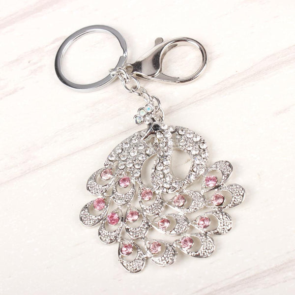 Lovely Peacock Silver Crown Pink Crystal Charm Purse Pendant & Key Chain - SolaceConnect.com