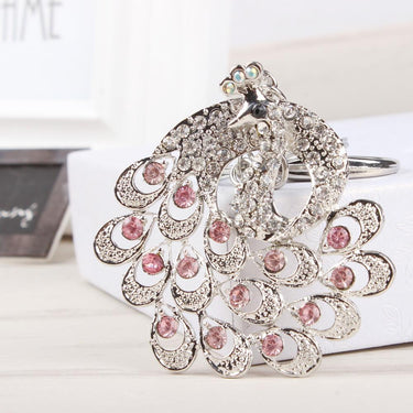 Lovely Peacock Silver Crown Pink Crystal Charm Purse Pendant & Key Chain  -  GeraldBlack.com