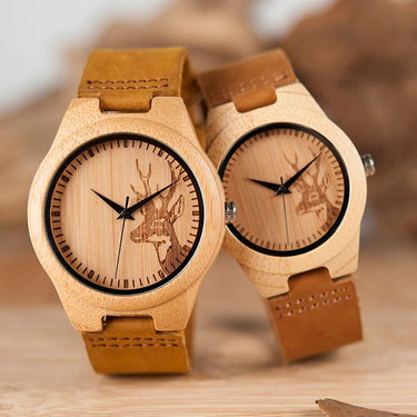 Lovers Elk Deer Head Bamboo Wooden Watch with Genuine Brown Leather Strap - SolaceConnect.com