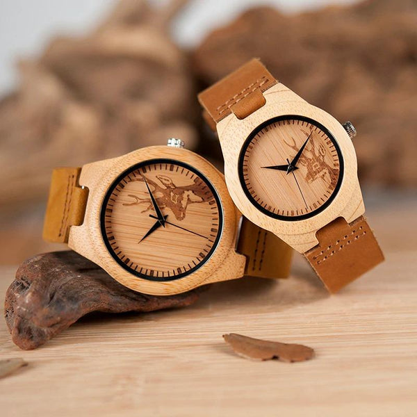 Lovers Elk Deer Head Bamboo Wooden Watch with Genuine Brown Leather Strap - SolaceConnect.com