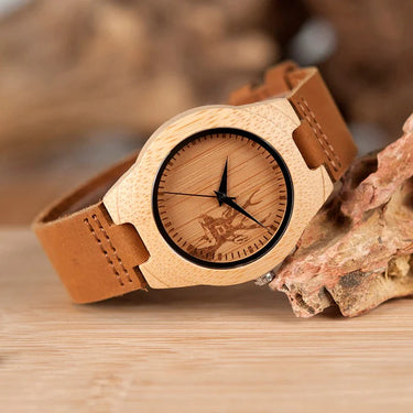Lovers Elk Deer Head Bamboo Wooden Watch with Genuine Brown Leather Strap  -  GeraldBlack.com
