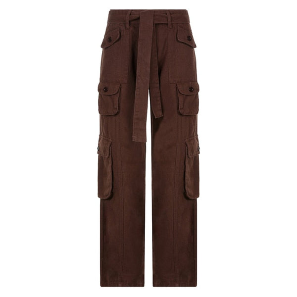 Low Rise Y2K Trousers Women's Straight Retro Cargo Pants with Belt Pockets  -  GeraldBlack.com