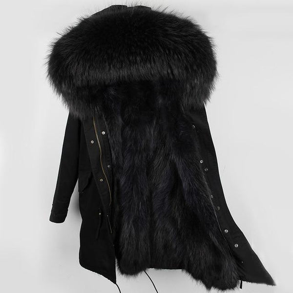 Luxurious Large Raccoon Fur Collar Hooded Fashion Coat For Women - SolaceConnect.com