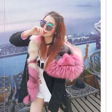 Luxurious Large Raccoon Fur Collar Hooded Fashion Coat For Women - SolaceConnect.com
