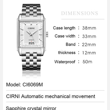 Luxury Automatic Men Business Self-Wind Mechanical Wristwatches CIRNI Rectangle Stainless Steel  -  GeraldBlack.com