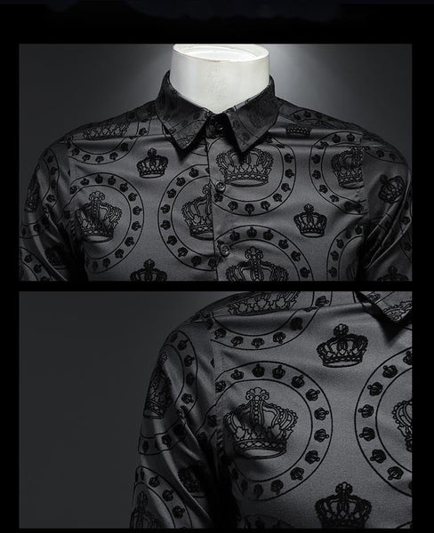 Luxury Black Crown Flocking Men Shirts Business Formal Dress Long Sleeve Casual  -  GeraldBlack.com