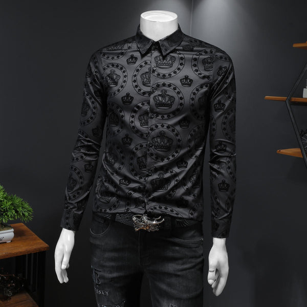 Luxury Black Crown Flocking Men Shirts Business Formal Turn-down Collar Dress Long Sleeve Casual  -  GeraldBlack.com