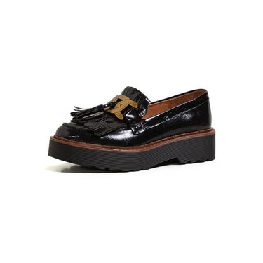Luxury Designer Women's Leather Tassel Button Chunky Heel Platform Loafers - SolaceConnect.com