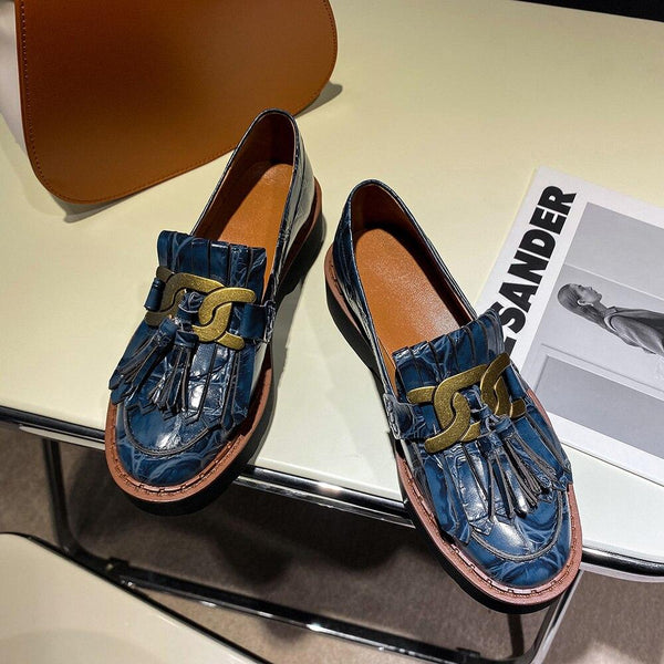 Luxury Designer Women's Leather Tassel Button Chunky Heel Platform Loafers - SolaceConnect.com
