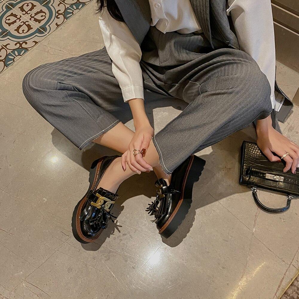 Luxury Designer Women's Leather Tassel Button Chunky Heel Platform Loafers  -  GeraldBlack.com