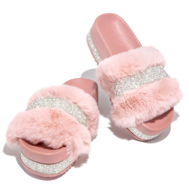 Luxury Designer Women's Solid Fluffy Fur Rhinestone Wedges Heels Slippers - SolaceConnect.com