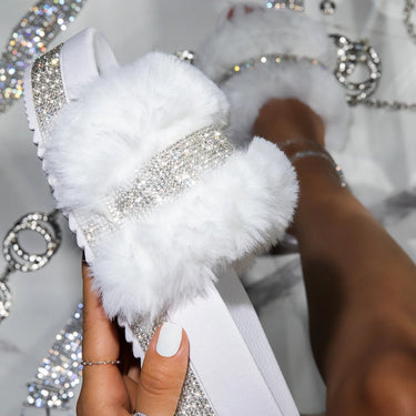 Luxury Designer Women's Solid Fluffy Fur Rhinestone Wedges Heels Slippers - SolaceConnect.com