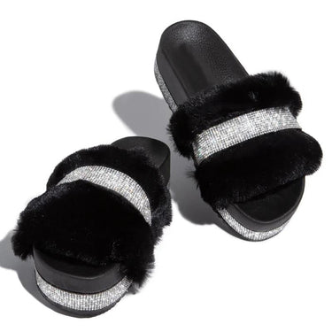 Luxury Designer Women's Solid Fluffy Fur Rhinestone Wedges Heels Slippers  -  GeraldBlack.com