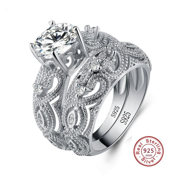 Luxury Fashion Female Crystal White Zircon Sterling Silver Bridal Ring Sets - SolaceConnect.com