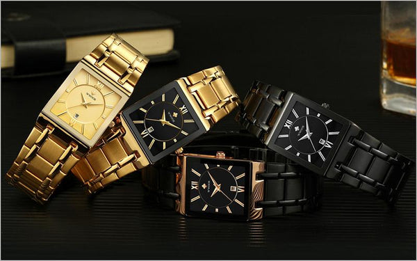 Luxury Fashion Men's Gold Black Square Waterproof Quartz Watches - SolaceConnect.com
