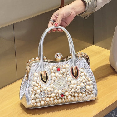 Luxury Fashion Pearl Women Leather Diamond Shoudler Crossbody Evening Bag Portable Rhinestone Lock Handbag  -  GeraldBlack.com