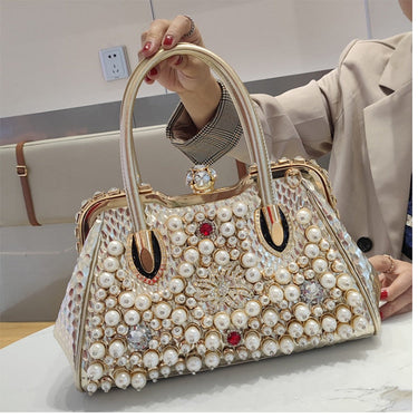 Luxury Fashion Pearl Women Leather Diamond Shoudler Crossbody Evening Bag Portable Rhinestone Lock Handbag  -  GeraldBlack.com