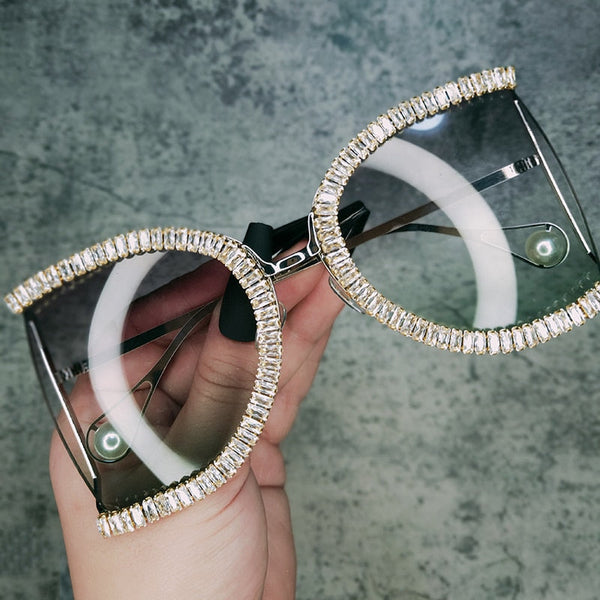 Luxury Half Frame Designer Glasses Women's Square Pearl Sunglasses for Female Rhinestone Oversized Eyewear Ladies  -  GeraldBlack.com