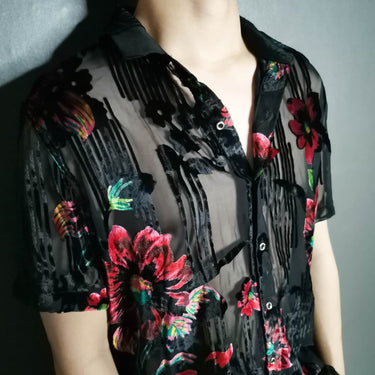 Luxury Imitate Silk Floral Velvet Transparent Short Sleeve Shirt for Men  -  GeraldBlack.com