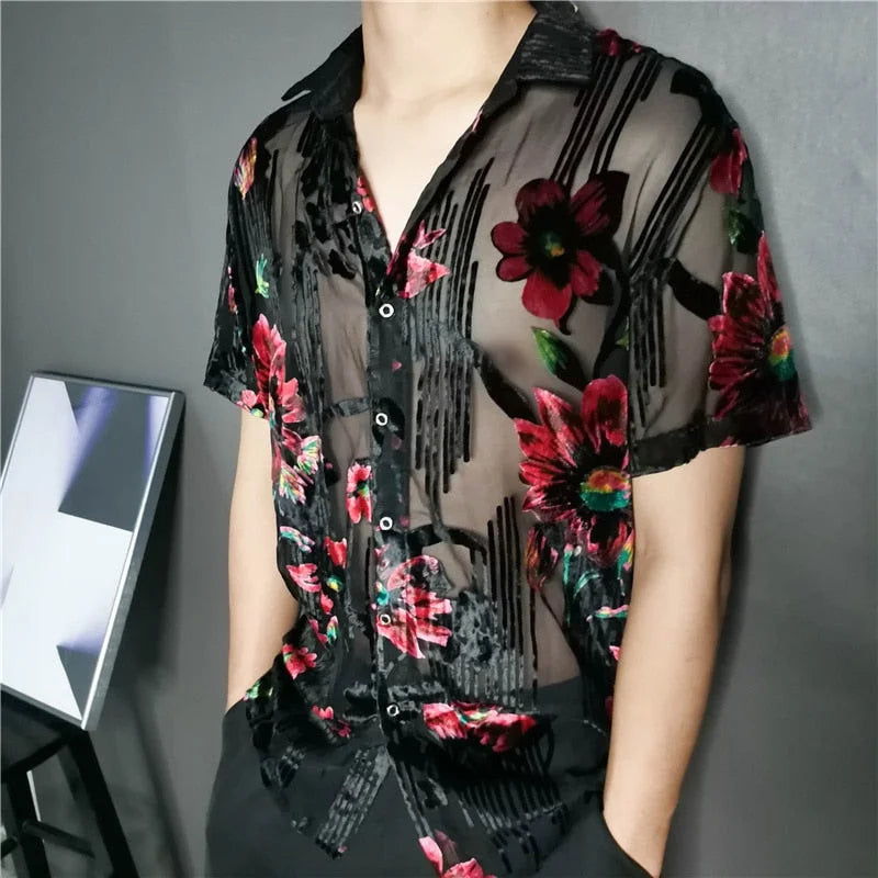 Luxury Imitate Silk Floral Velvet Transparent Short Sleeve Shirt for Men  -  GeraldBlack.com