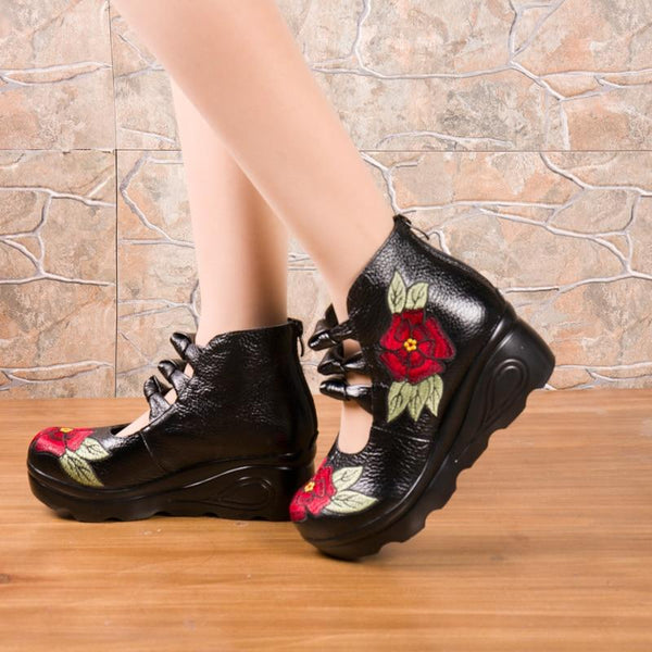 Luxury Ladies Summer Vintage Embroidery Flower Leather Sandals Wedge Shoes - SolaceConnect.com
