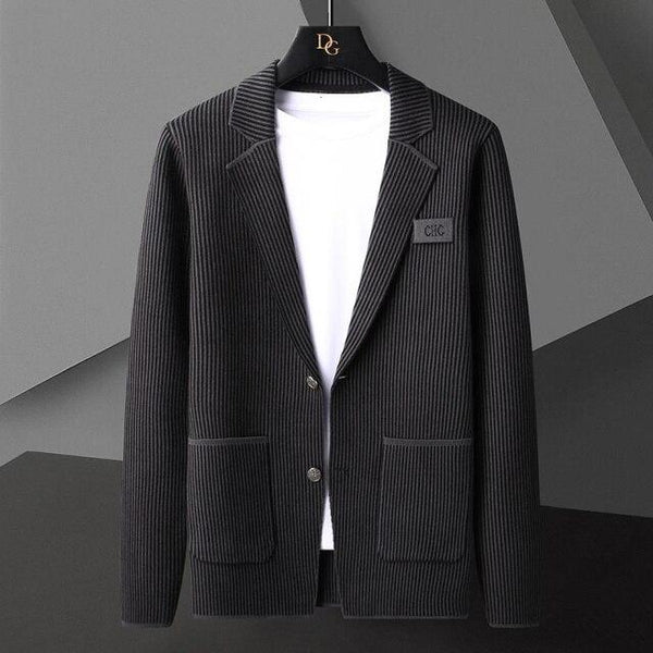 Luxury Men's Striped Pocket Button-up Knitted Sweater Cardigan Blazer Jacket - SolaceConnect.com