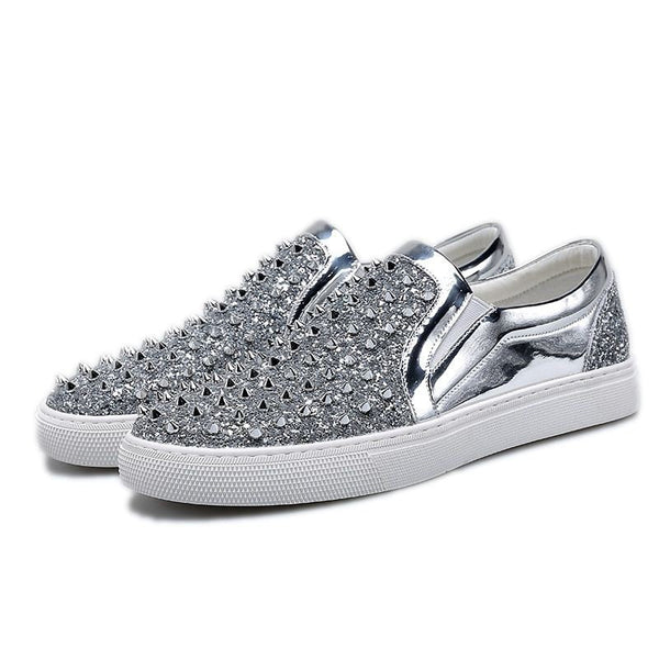 Luxury Men's White Diamond Rhinestone Nail Rivets Casual Flat Shoes Sizes 38-44 b73  -  GeraldBlack.com