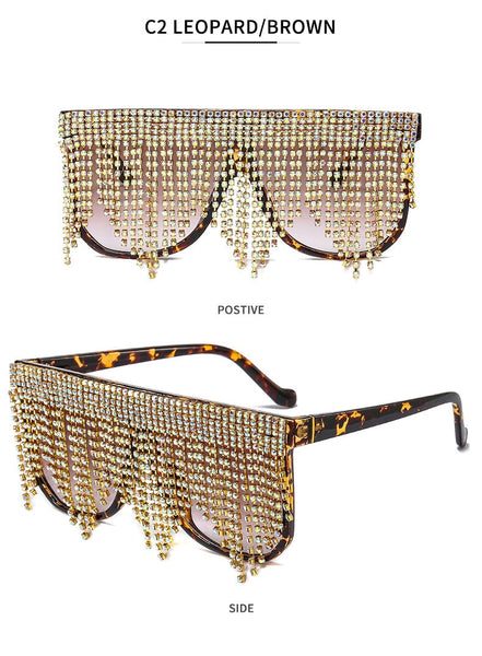 Luxury Oversized Tassel Diamond Handmake Eye Wear One Piece Designer Gafas Oculos Sunglasses  -  GeraldBlack.com