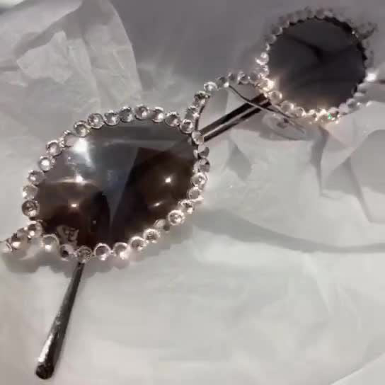 Luxury Rhinestone Women Small Oval Bling Diamond Sun Glasses Fashion Shades Round  -  GeraldBlack.com