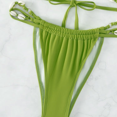 Luxury Shell Design Bikini Women Solid Green Halter Bandage Cross Push Up Triangle Swimsuit Bathing Suit Micro Swimwear  -  GeraldBlack.com