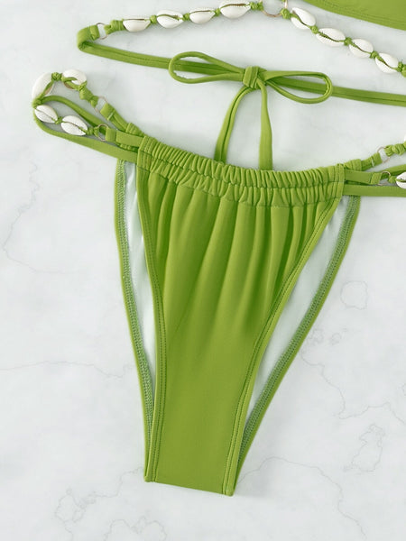 Luxury Shell Design Bikini Women Solid Green Halter Bandage Cross Push Up Triangle Swimsuit Bathing Suit Micro Swimwear  -  GeraldBlack.com