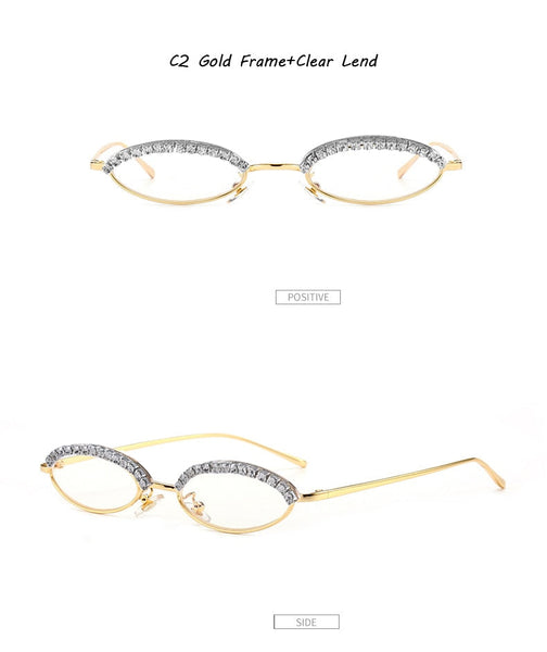 Luxury  Small Cat Eye Women Crystal Diamond Glitter Oval Alloy Frame Sun Glasses  -  GeraldBlack.com