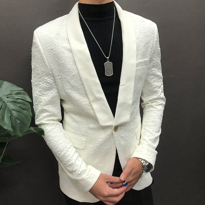 Luxury White Rose Jacquard Blazer Slim Masculino Business Casual Wedding Suits For Men  -  GeraldBlack.com