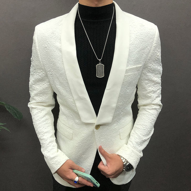 Luxury White Rose Jacquard Blazer Slim Masculino Business Casual Wedding Suits For Men  -  GeraldBlack.com