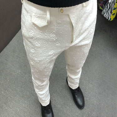 Luxury White Rose Print Mens Dress Pant Business Casual Office Trousers Ment Ankle Length Pantalon Homme Slim Men Social Trouser  -  GeraldBlack.com