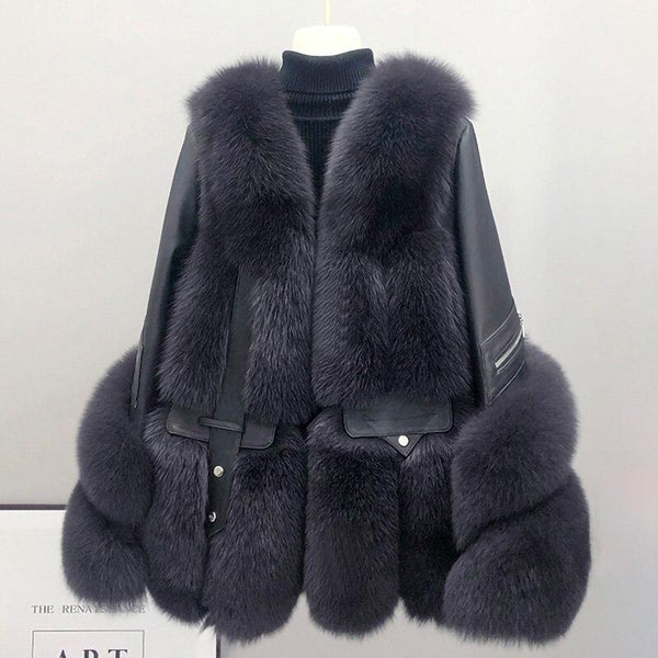 Winter Women Sheepskin Leather Jackets Lady Real Fox Fur Coats Luxury Fluffy Overcoats FL3724 - SolaceConnect.com
