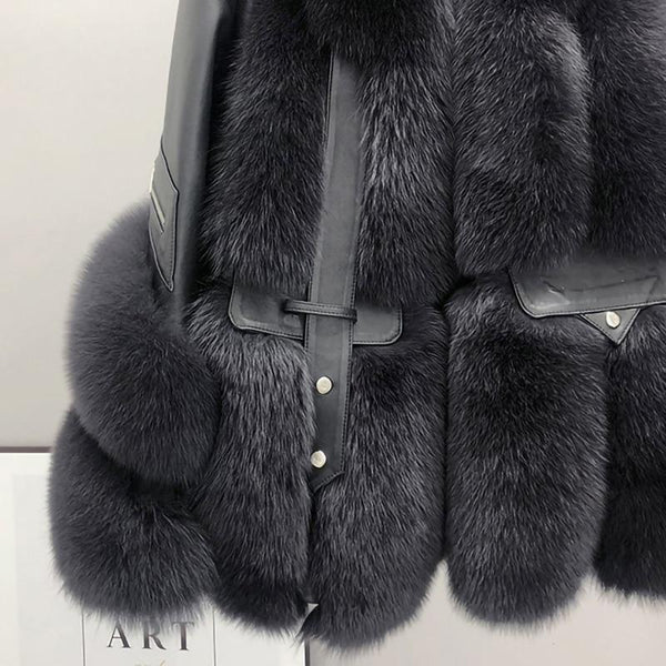 Winter Women Sheepskin Leather Jackets Lady Real Fox Fur Coats Luxury Fluffy Overcoats FL3724 - SolaceConnect.com
