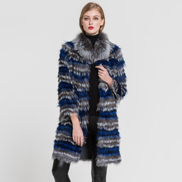 Women Knitted Real Silver Fox Fur Long Coat Luxury Natural Fur Outerwear Lady S7384 - SolaceConnect.com