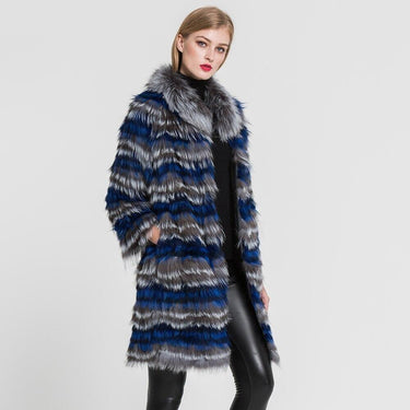 Women Knitted Real Silver Fox Fur Long Coat Luxury Natural Fur Outerwear Lady S7384 - SolaceConnect.com
