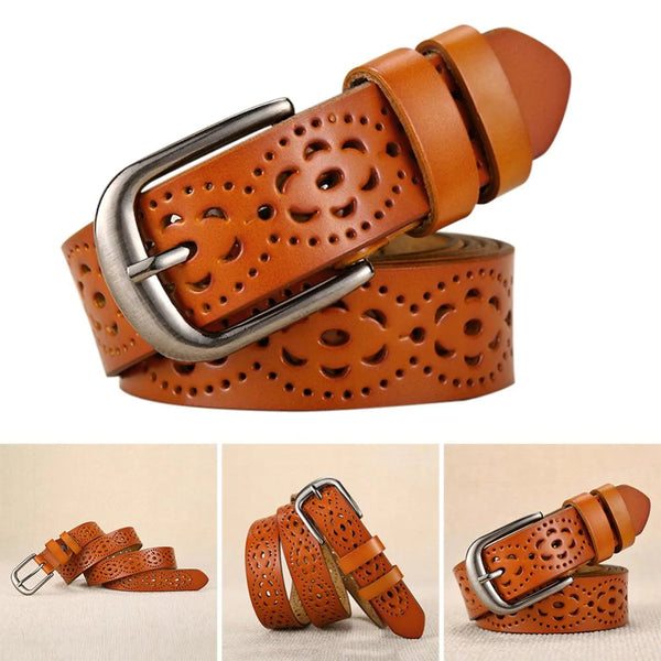 Luxury Women's without Drilling Hollow Genuine Leather Straps Wide Belt - SolaceConnect.com