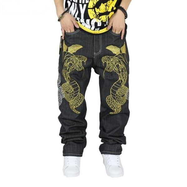 Male Plus Size Hip Hop Jeans Loose Denim Pants with Snake Embroidery - SolaceConnect.com