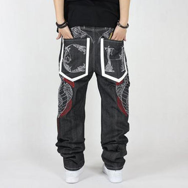 Male Plus Size Hip Hop Jeans Loose Denim Pants with Snake Embroidery  -  GeraldBlack.com