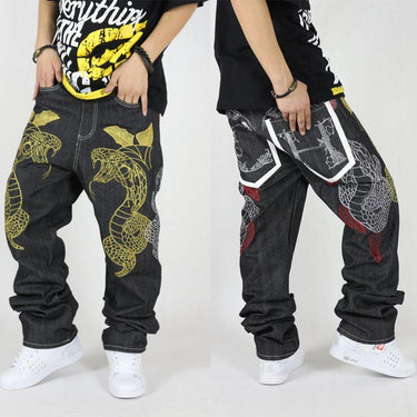 Male Plus Size Hip Hop Jeans Loose Denim Pants with Snake Embroidery - SolaceConnect.com